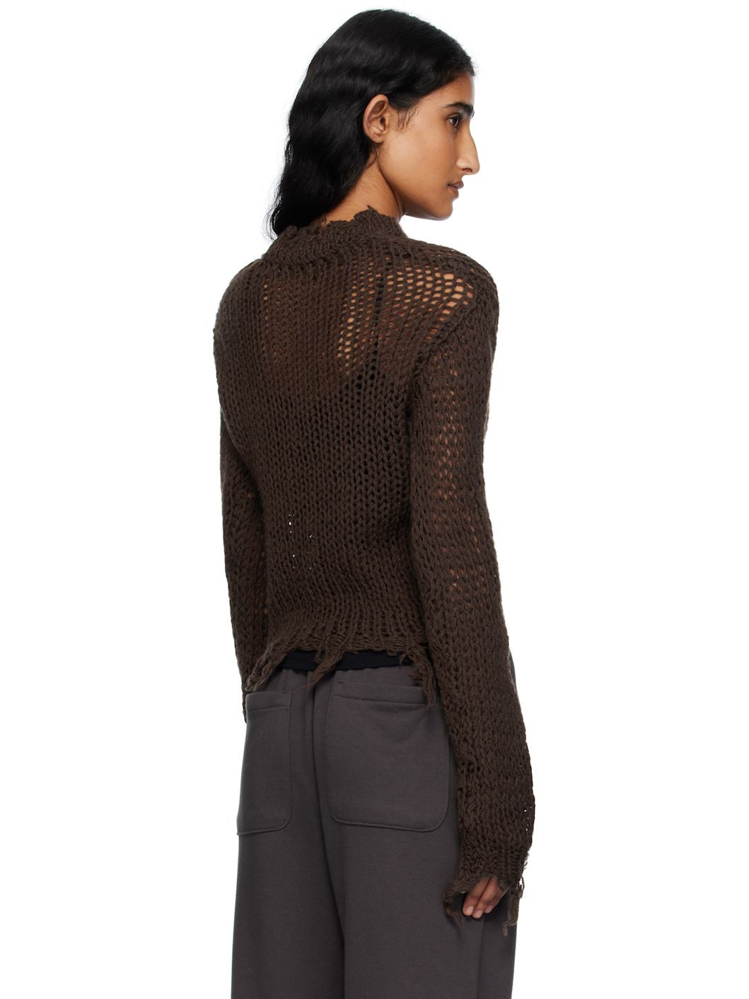 Brown Distressed Crop Knit Sweater - 3