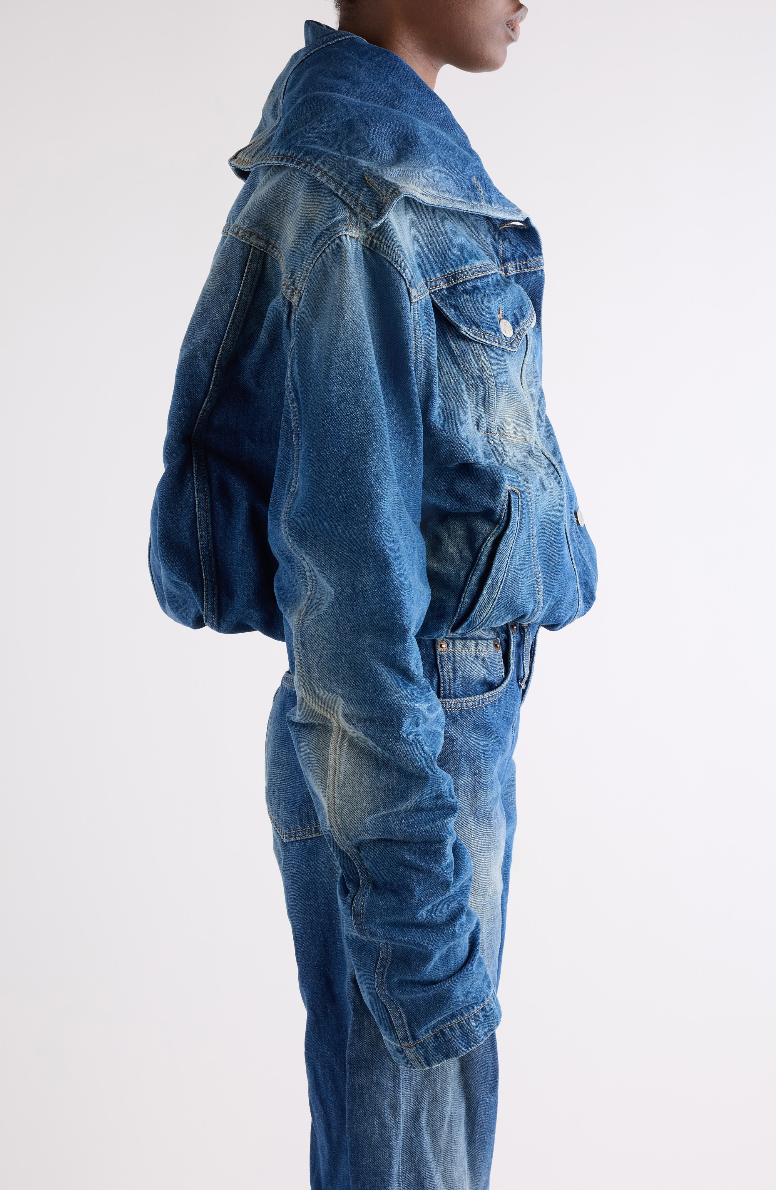 Acne Studios Orim Ruched Sleeve Denim Jacket in Mid Blue at Nordstrom - 4