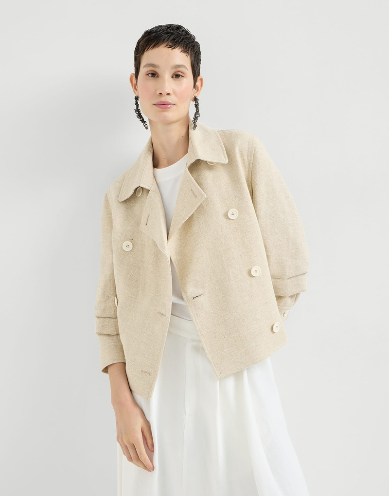 Slubbed linen, silk and hemp cropped pea coat with monili 5