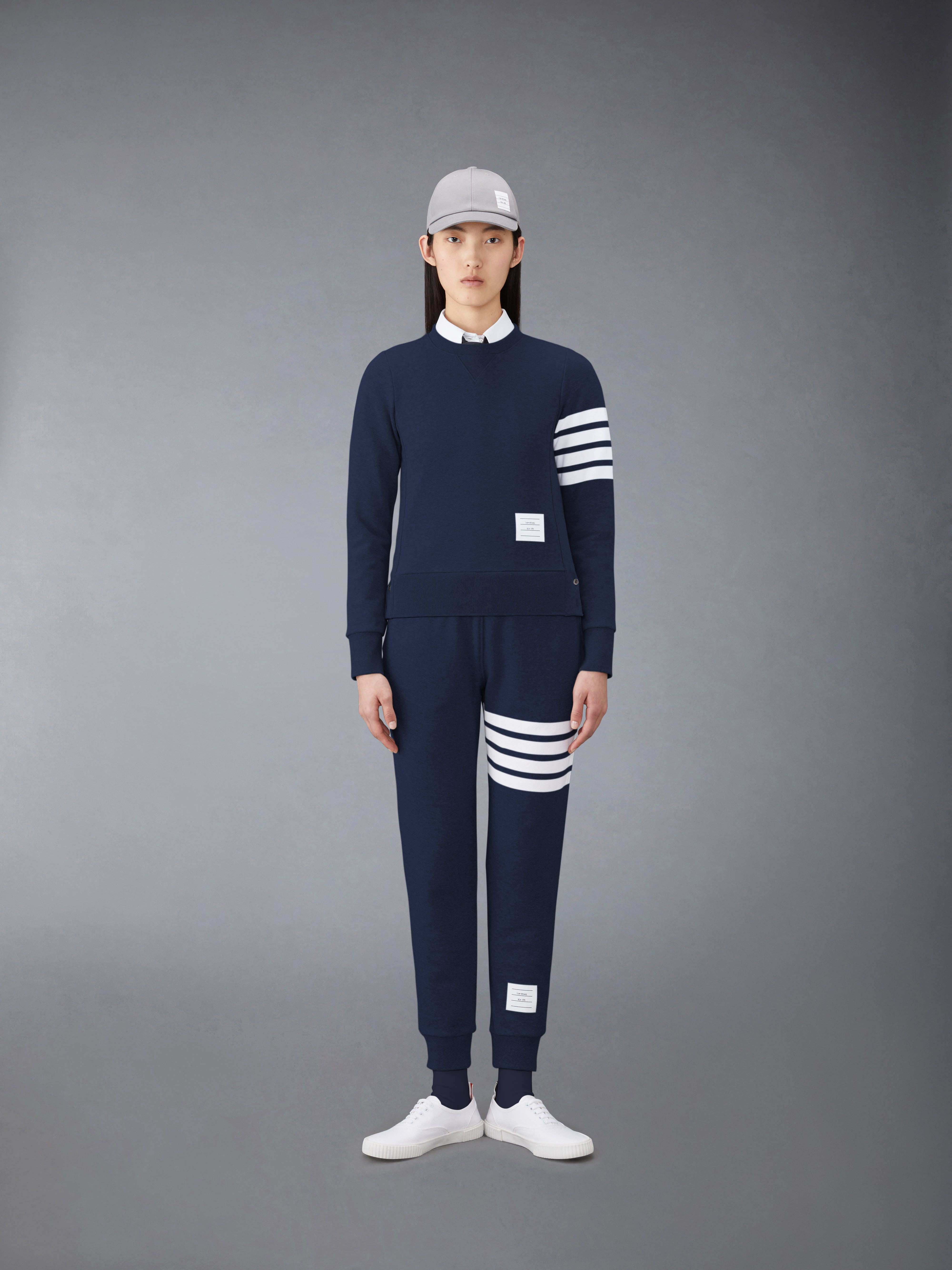 Navy Loopback Jersey Knit Engineered 4-bar Stripe Classic Crew Neck Pullover - 3