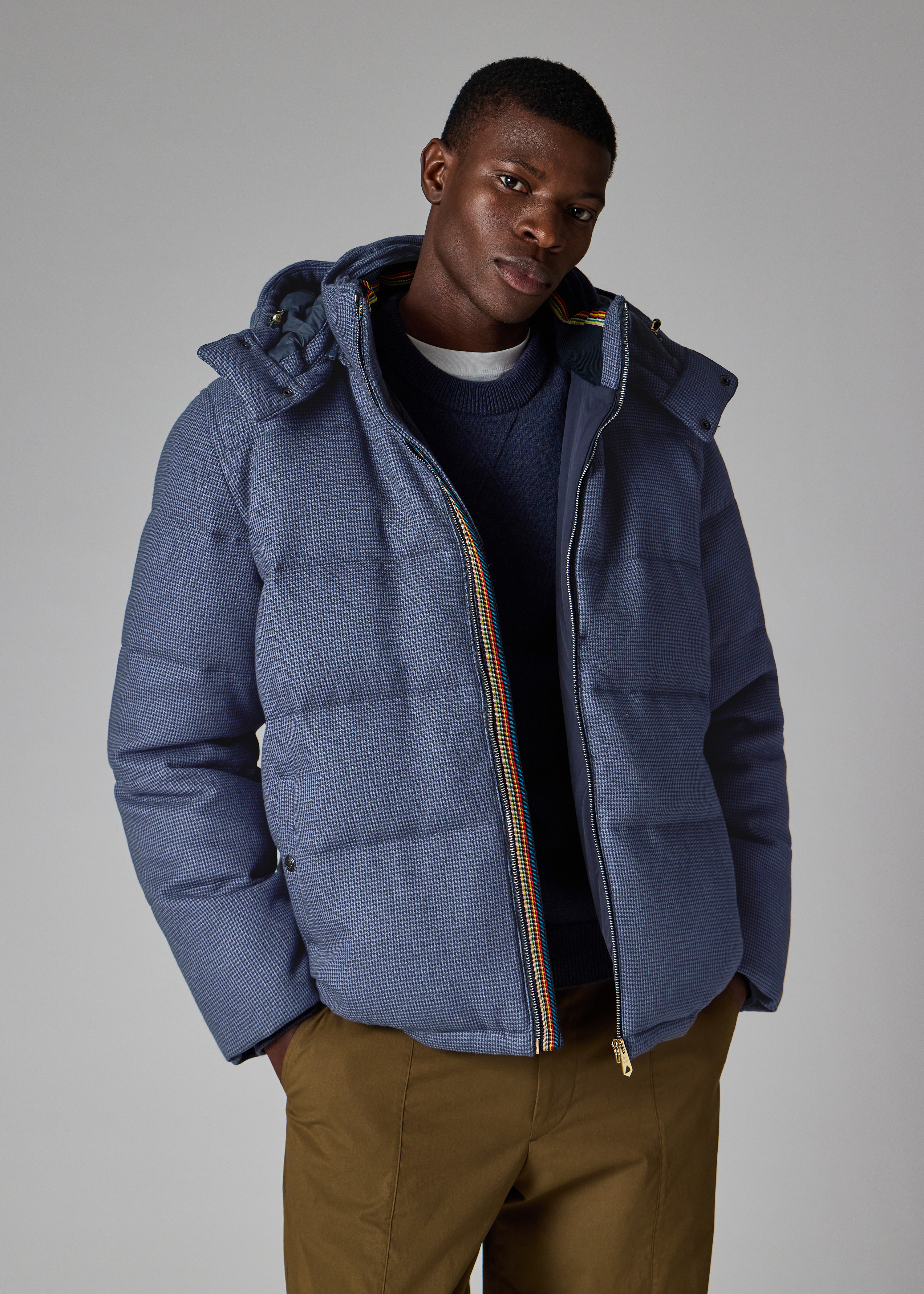 Navy Houndstooth Down Jacket with Detachable Hood - 5
