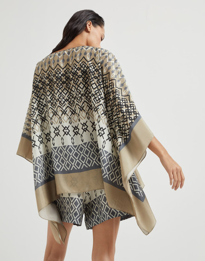 Brunello Cucinelli Silk ethnic print pongée poncho with monili outlook