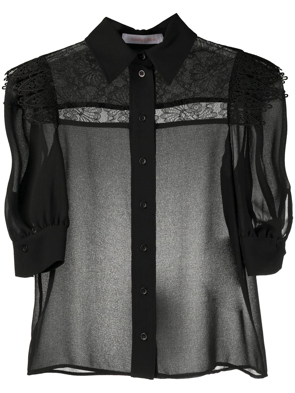 floral lace panel sheer shirt - 1