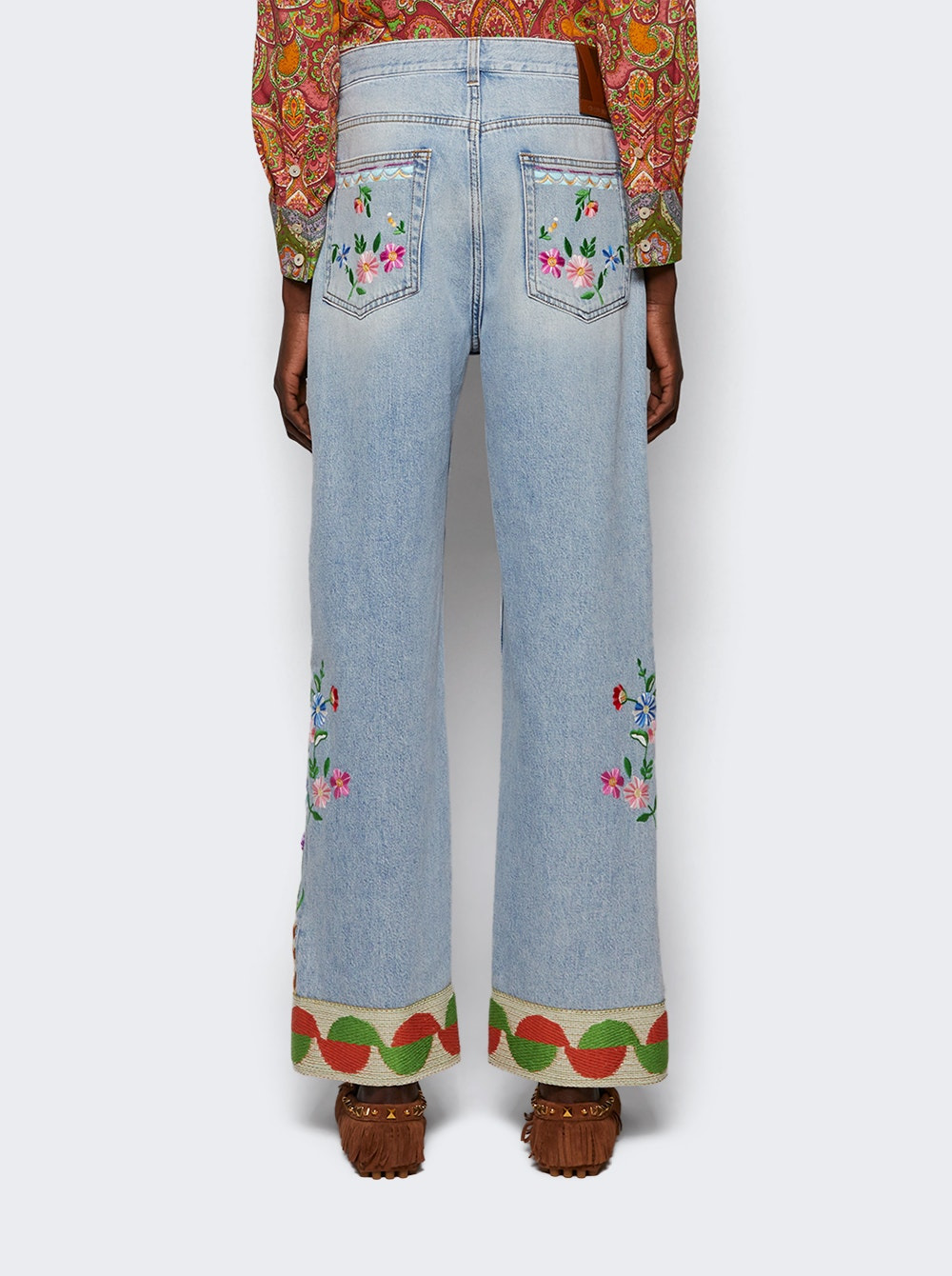 Embroidered Denim Pants Blue - 4