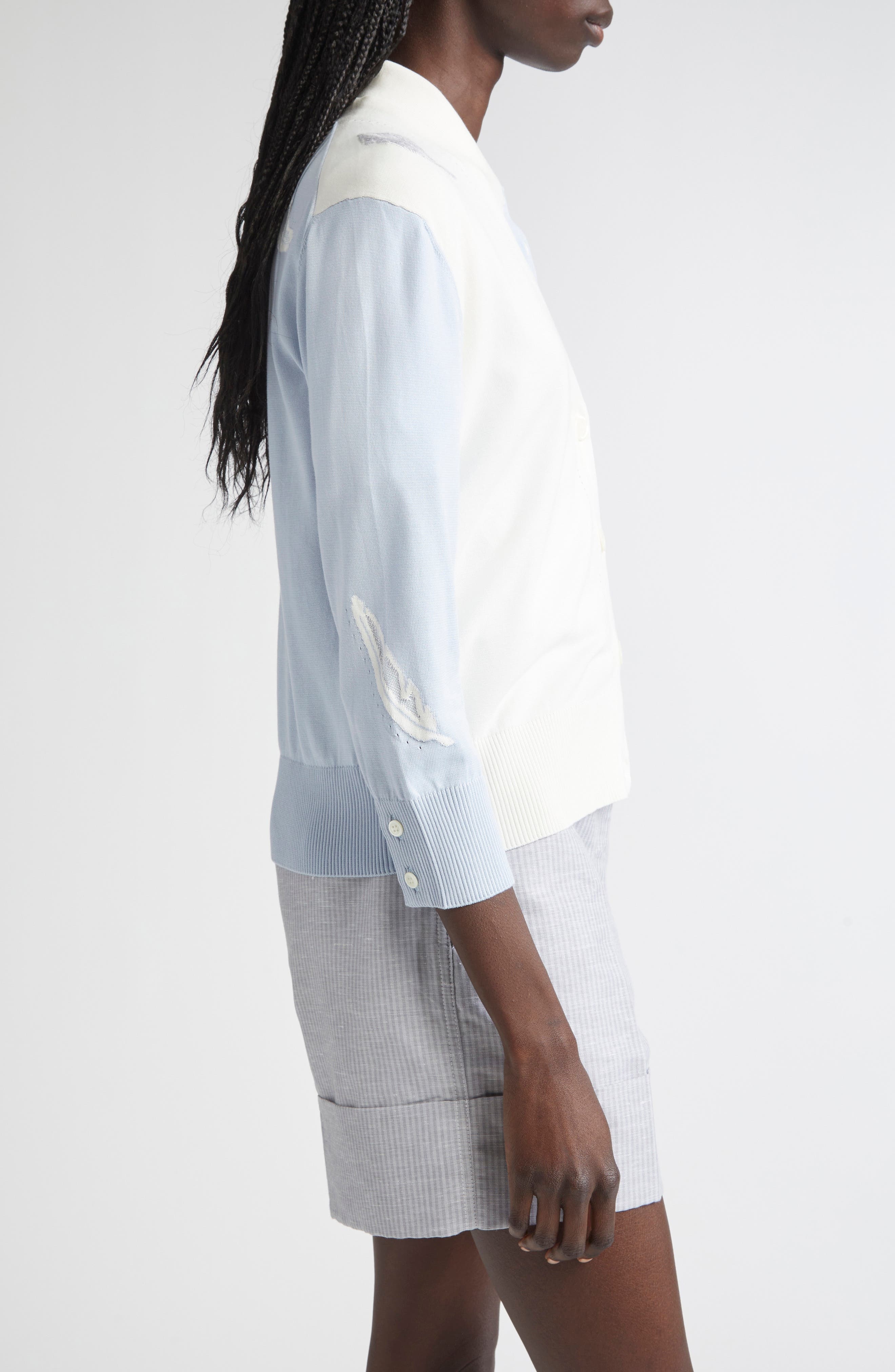 Thom Browne Fun-Mix 4-Bar Feather Intarsia Three Quarter Sleeve Cardigan in Light Blue at Nordstrom - 4