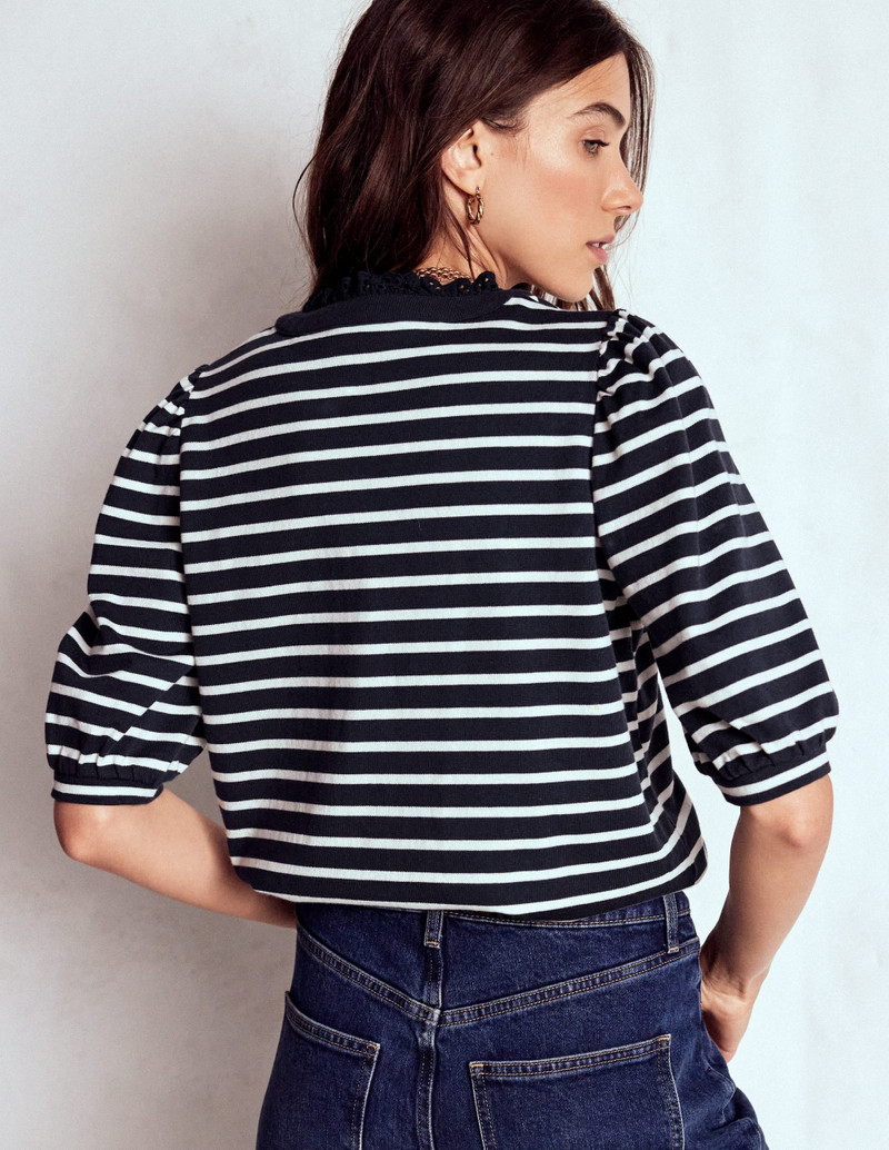 Puff Sleeve Henley-Navy, Ivory Stripe 4