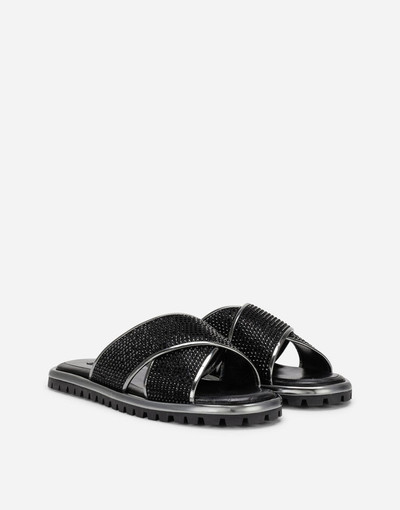 Dolce & Gabbana Calfskin crossover-strap sliders with fusible rhinestones outlook