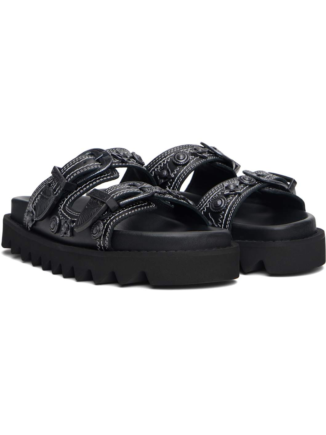 Black Contrast Stitch Leather Sandals - 4