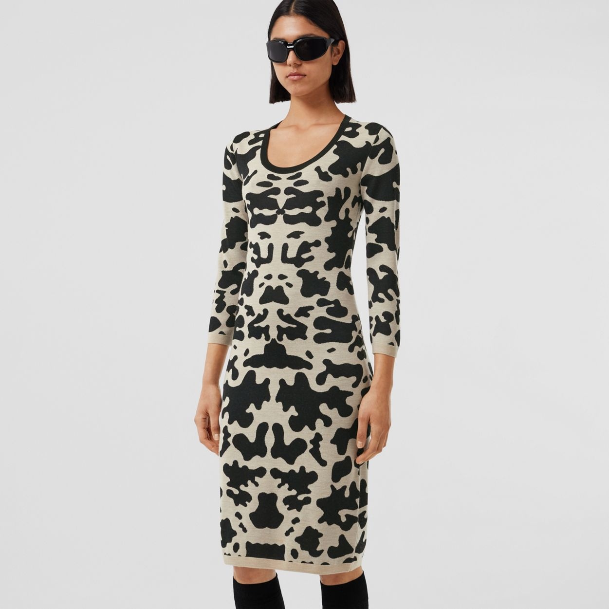 Long-sleeve Cow Print Viscose Wool Dress - 6