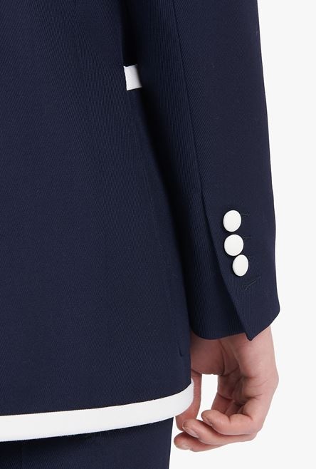 Navy blue wool blazer with embroidered Balmain logo and double-breasted white buttoned fastening - 6