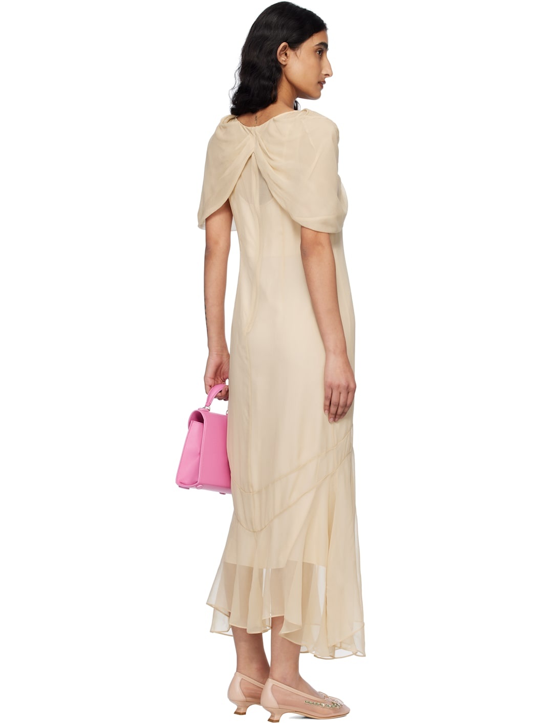 Beige Extended Bow Multi-Seam Maxi Dress - 3