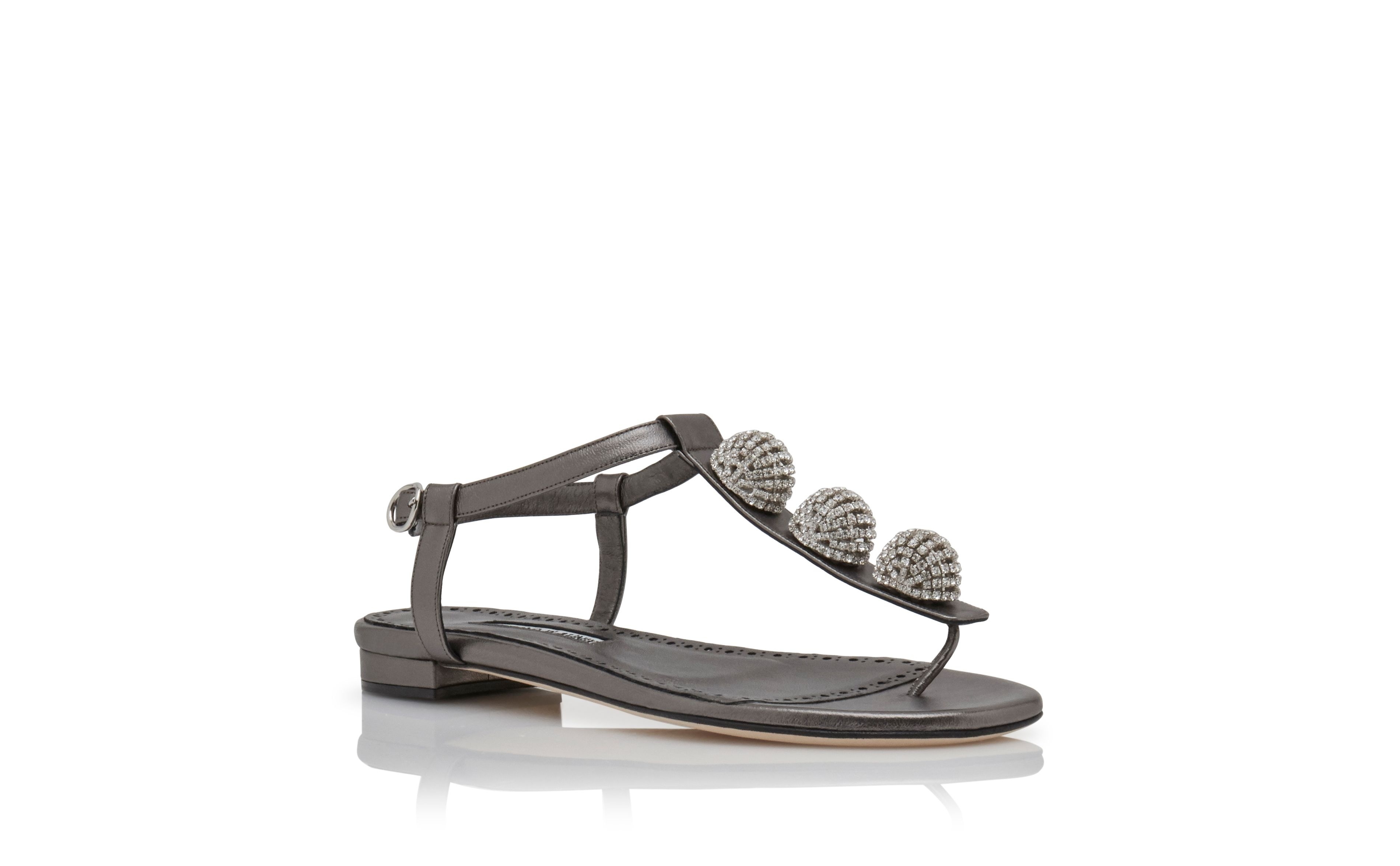 Silver Nappa Leather Embellished Flat Sandals - 3