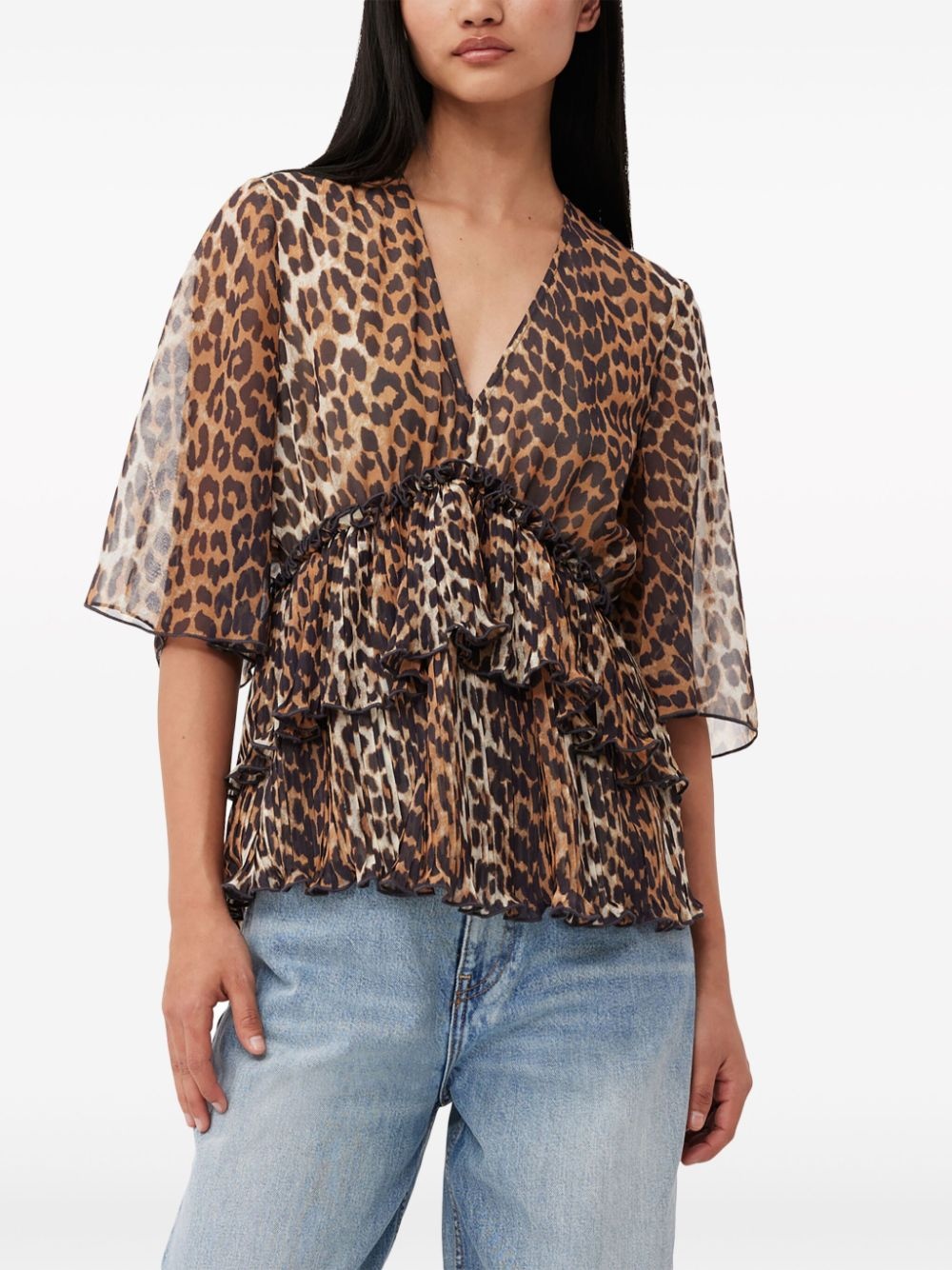 leopard-print V-neck pleated blouse - 5