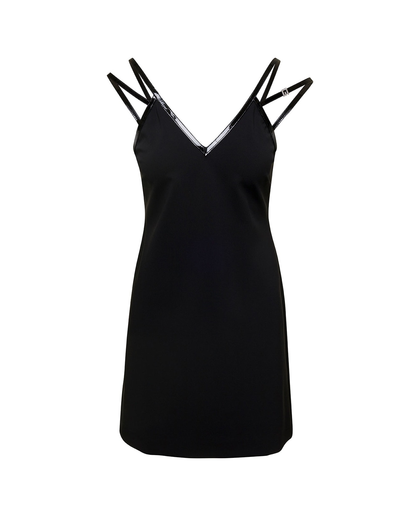 Mini Black Dress With Black Leather Trim And Double Strap In Stretch Viscose Woman - 1