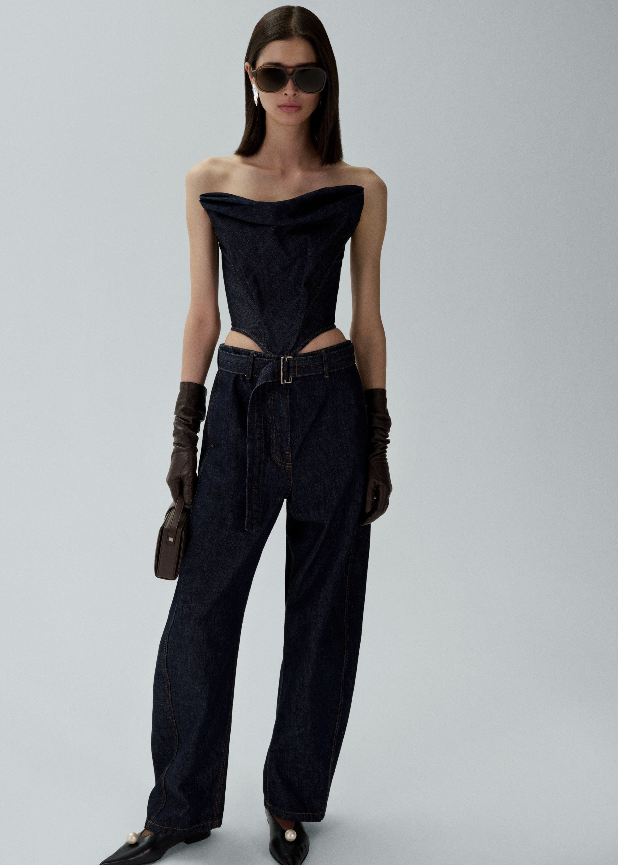 Draped strapless denim corset in navy - 4