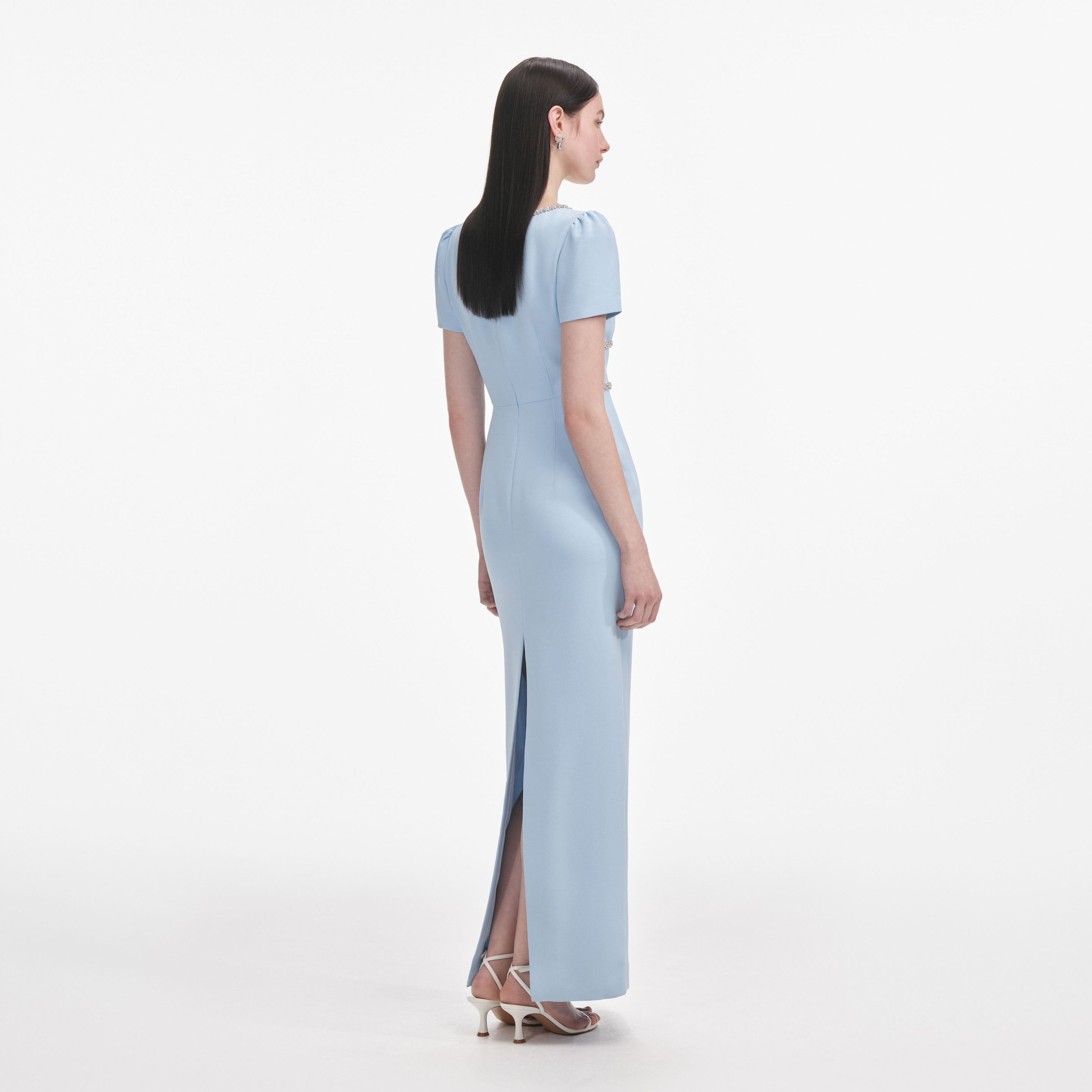 Blue Crepe Crystal Trim Maxi Dress - 3