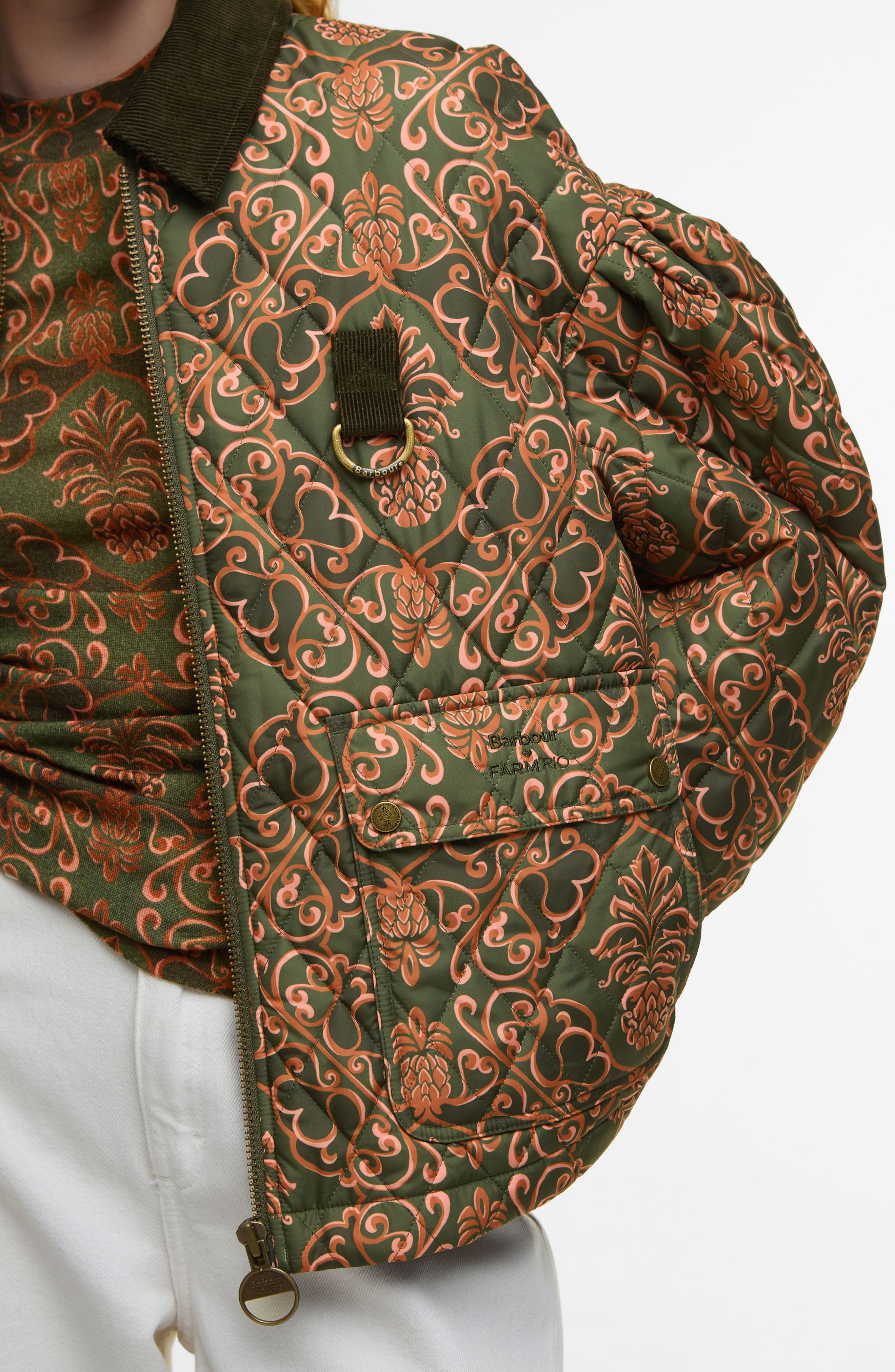 Barbour x FARM Rio Luisa Quilted Jacket in Pineapple/Green Heart Print at Nordstrom - 8