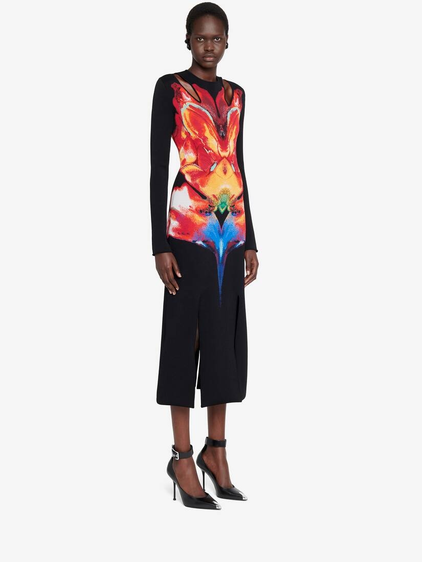 Women's Solarised Orchid Jacquard Slashed Dress in Black/red/yellow - 3