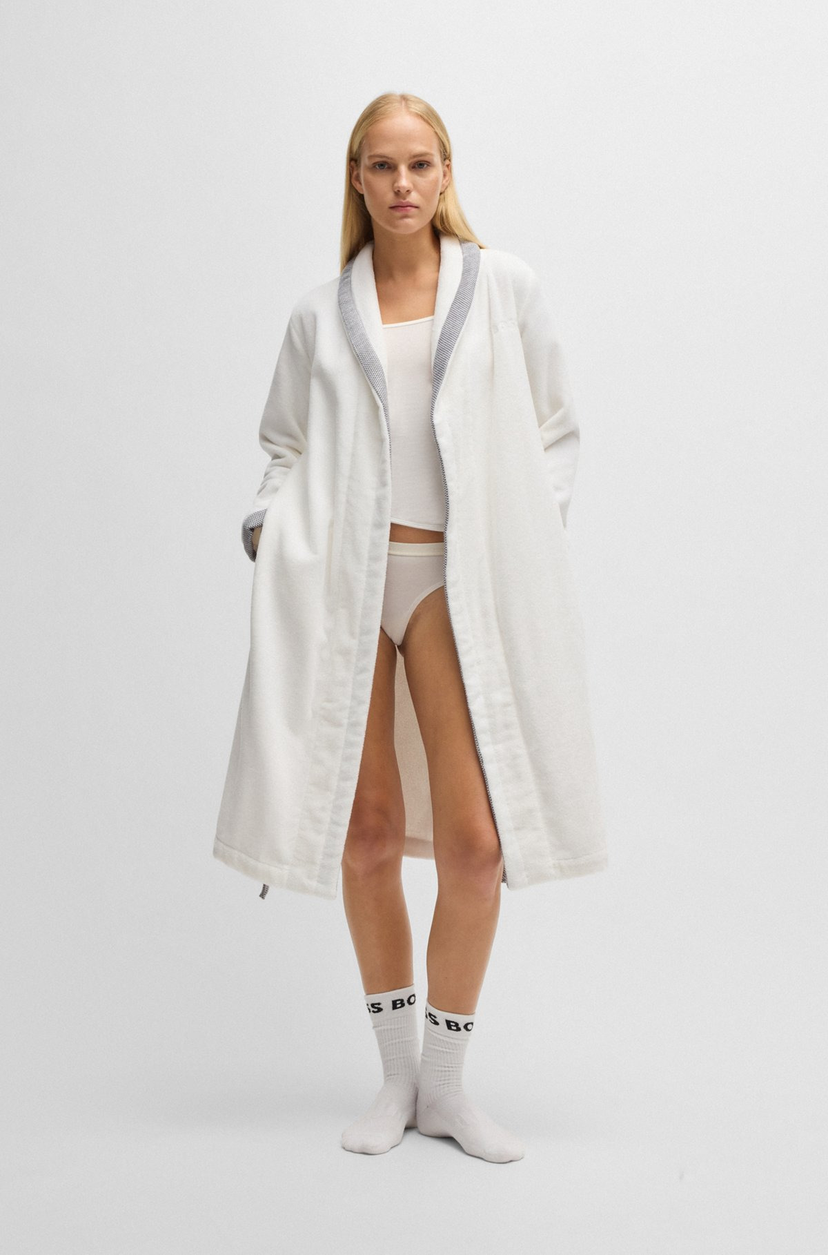 WHITE COTTON-VELVET DRESSING GOWN WITH EMBROIDERED LOGO - 4