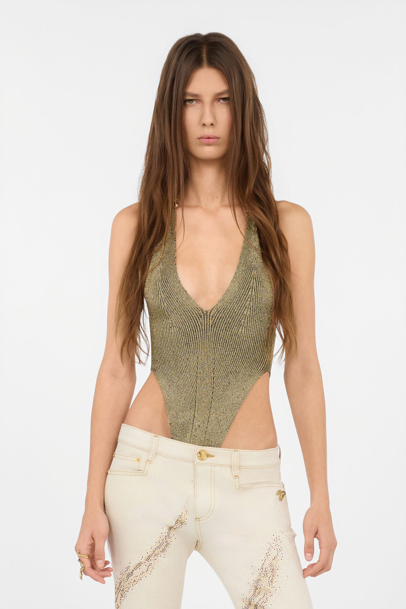 Black and Gold Ribbed Bodysuit with Snakes 3