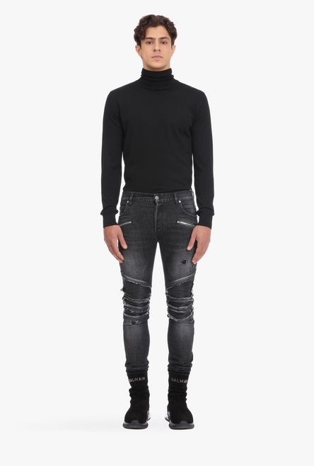 Slim-fit ripped black cotton and pleather jeans - 4