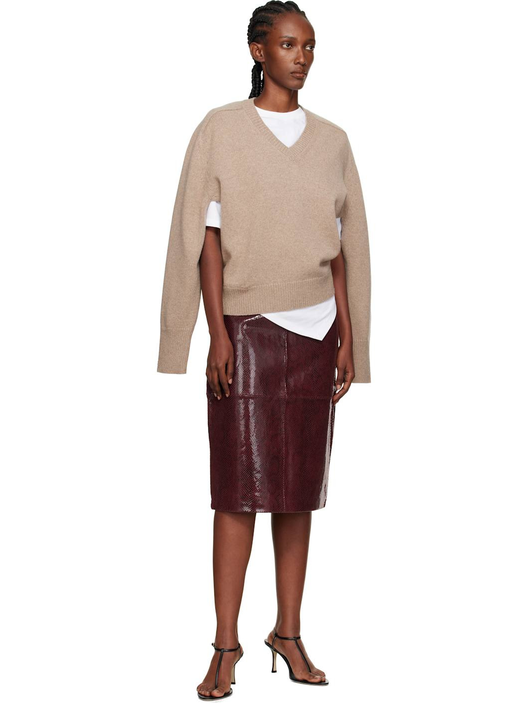 Burgundy Snake Leather Midi Skirt - 4
