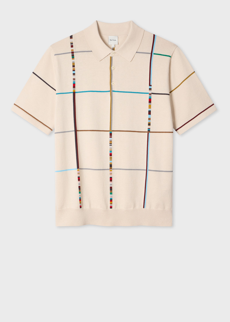 Ecru 'Signature Stripe Check' Knitted Cotton Polo Shirt 1