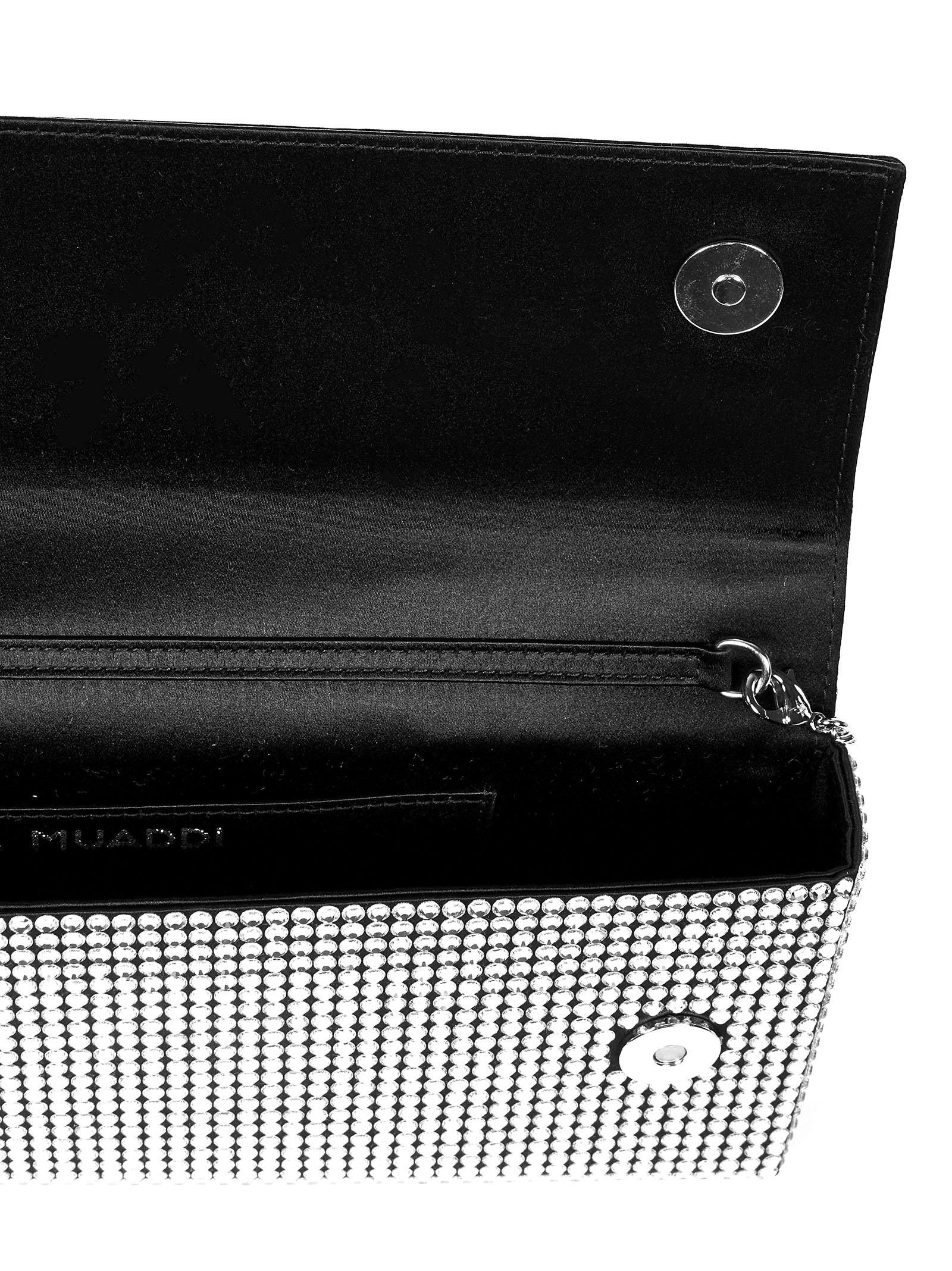 AMINI PALOMA black clutch in satin and crystals with silver metal chain shoulder strap. - 4