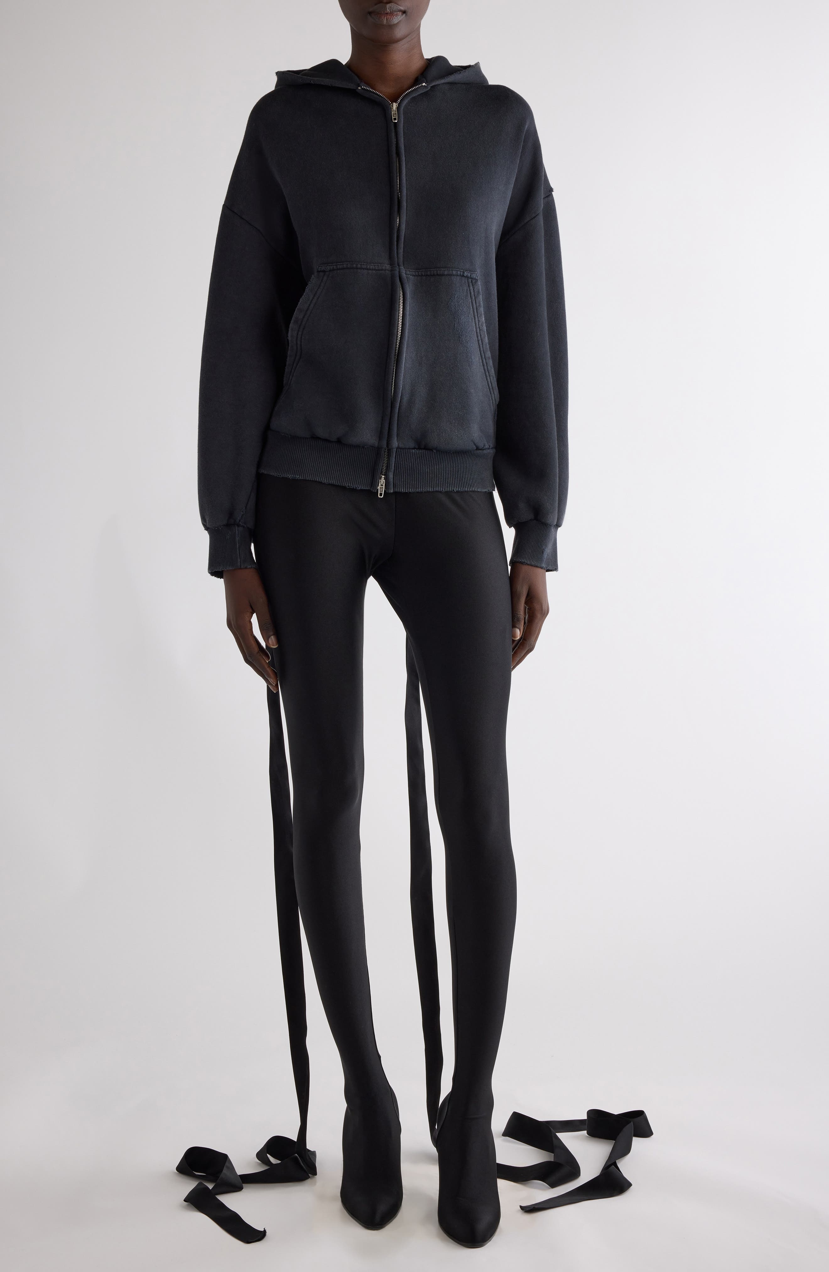 Balenciaga Lace-Up Back Zip Hoodie in 1041 Faded Washed Black at Nordstrom - 1