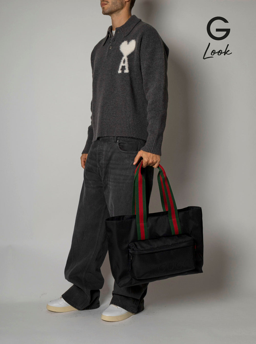 Gucci Men Black Tote Bag With Web Handles And Logo Lettering On The Front In Tech Fabric Man - 6