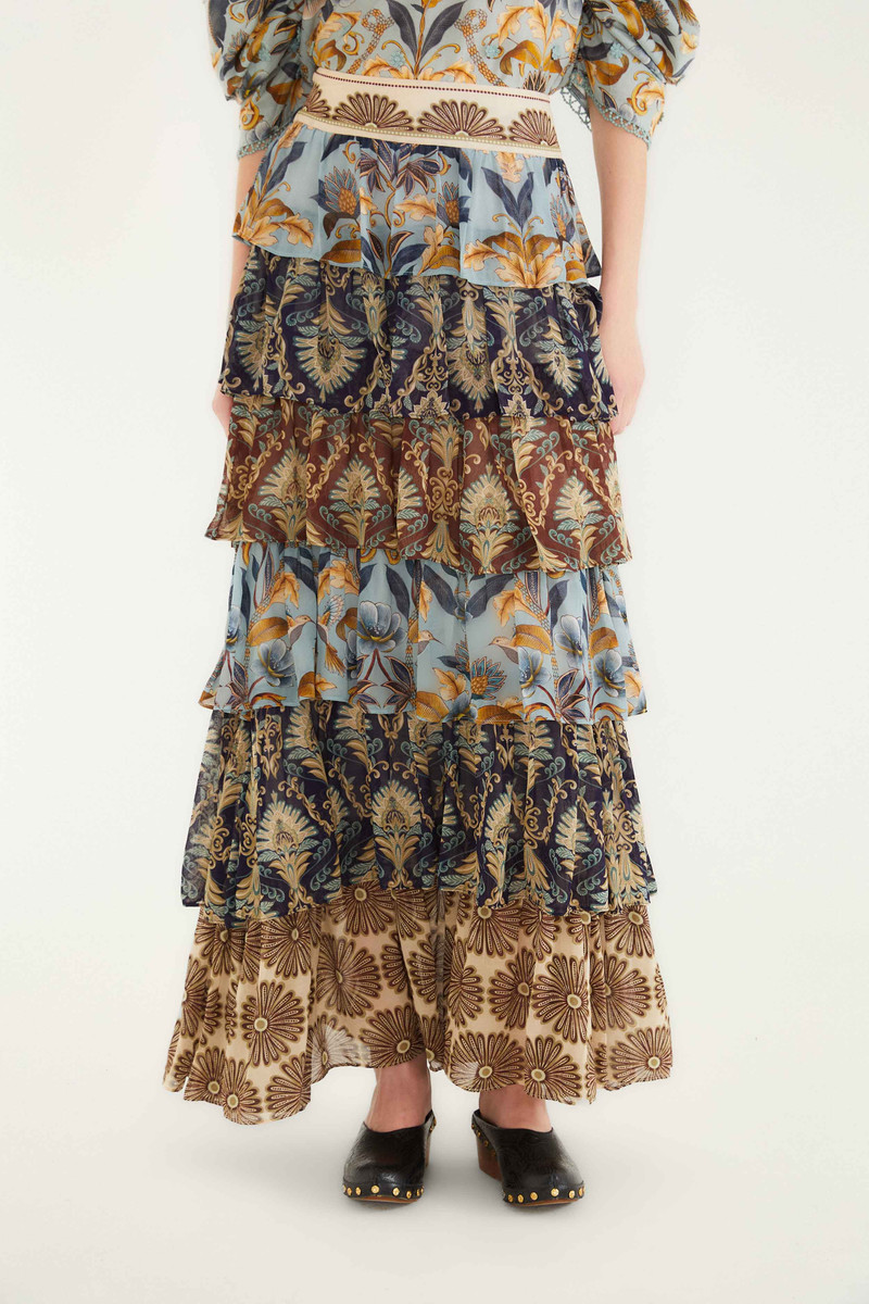 FARM RIO Mixed Scarves Ruffled Maxi Skirt outlook