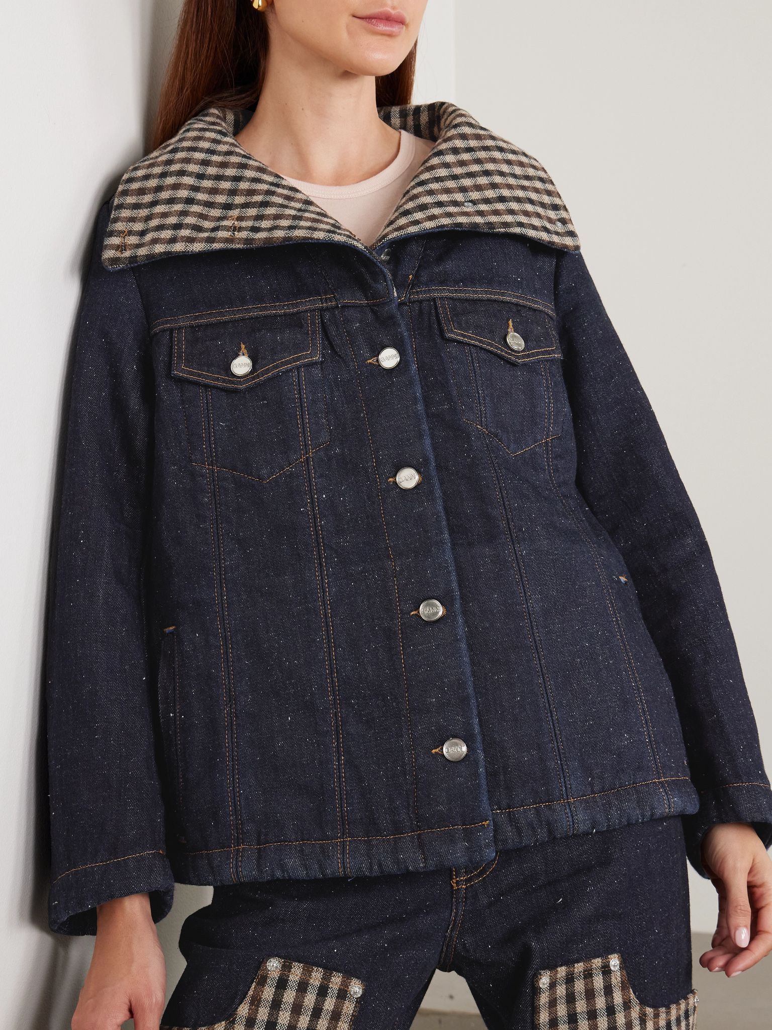 Neppy checked tweed-trimmed organic denim jacket Dark denim - 3