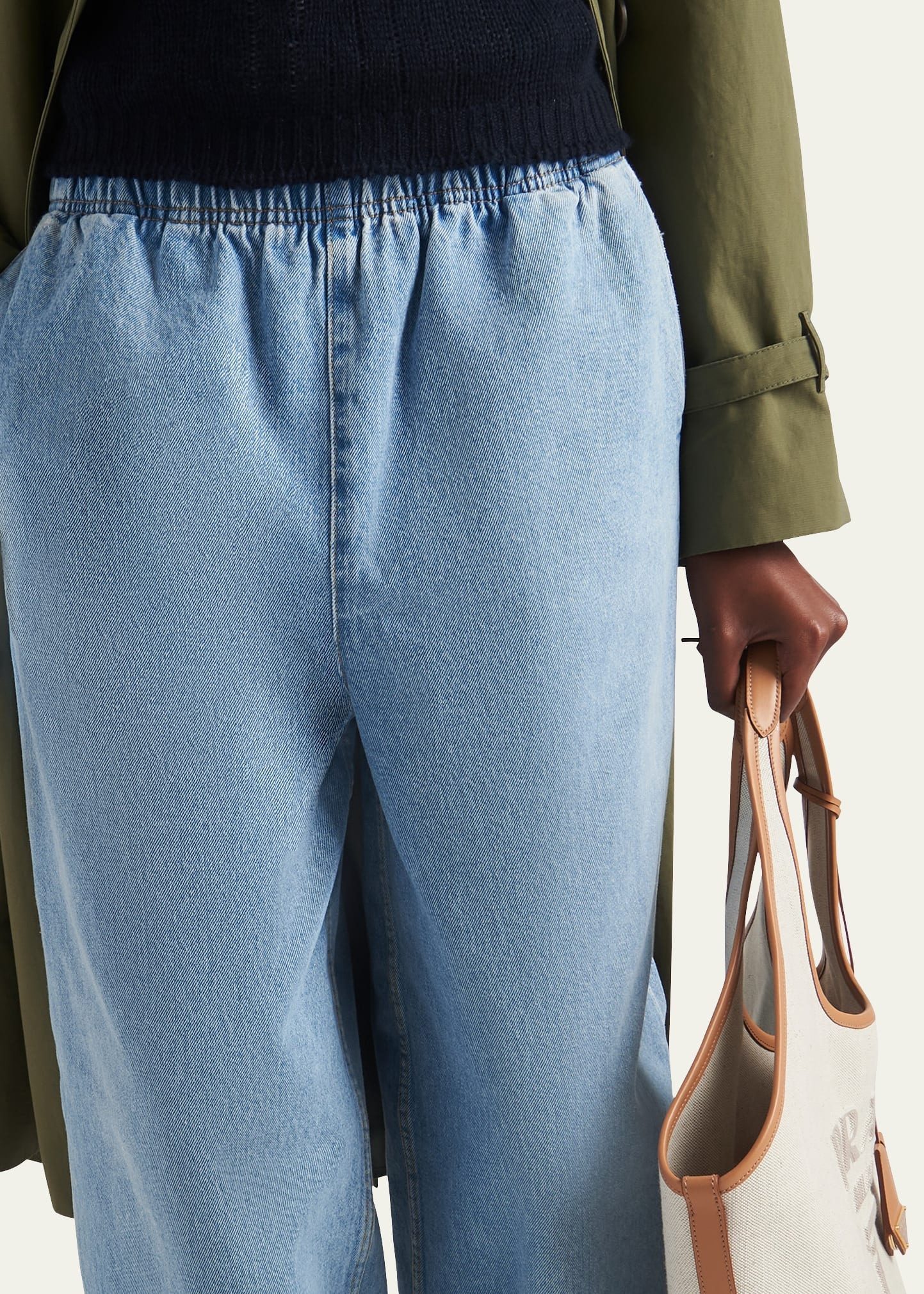 Elastic Waist Denim Bleached Pants - 4