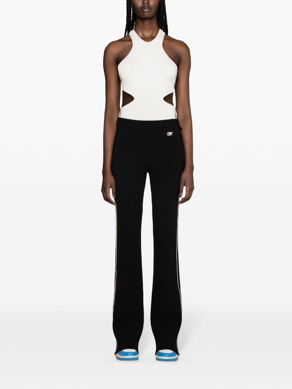 side-stripe ribbed flared trousers - 2