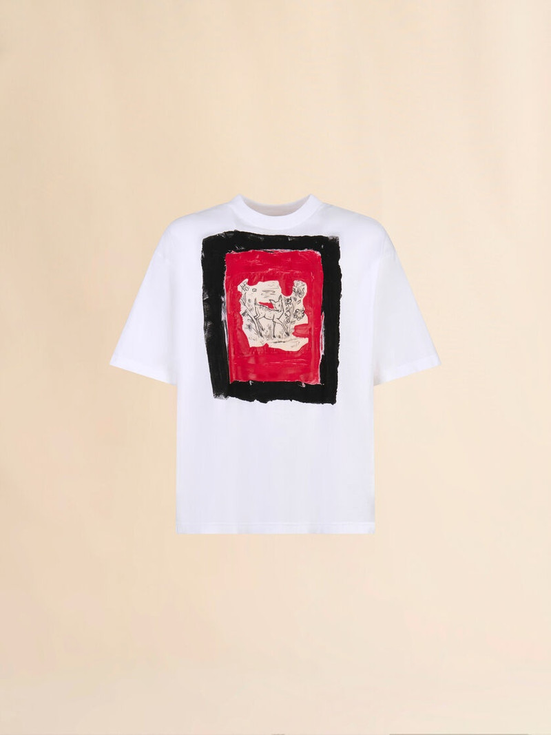 WHITE COTTON T-SHIRT WITH FAWN PRINT - 1