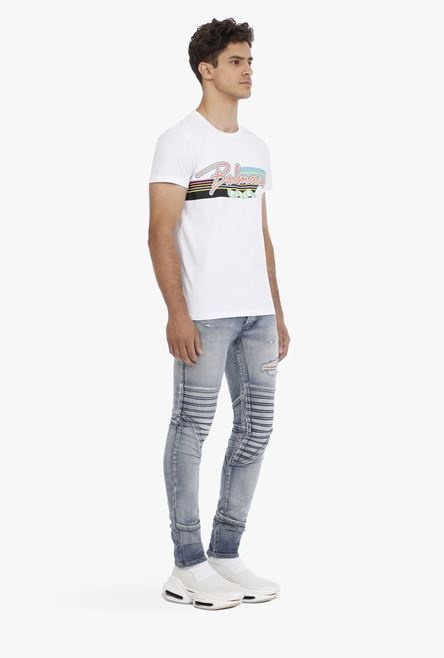 EXCLUSIVE - White cotton T-shirt with multicolor Balmain Paris logo - 7