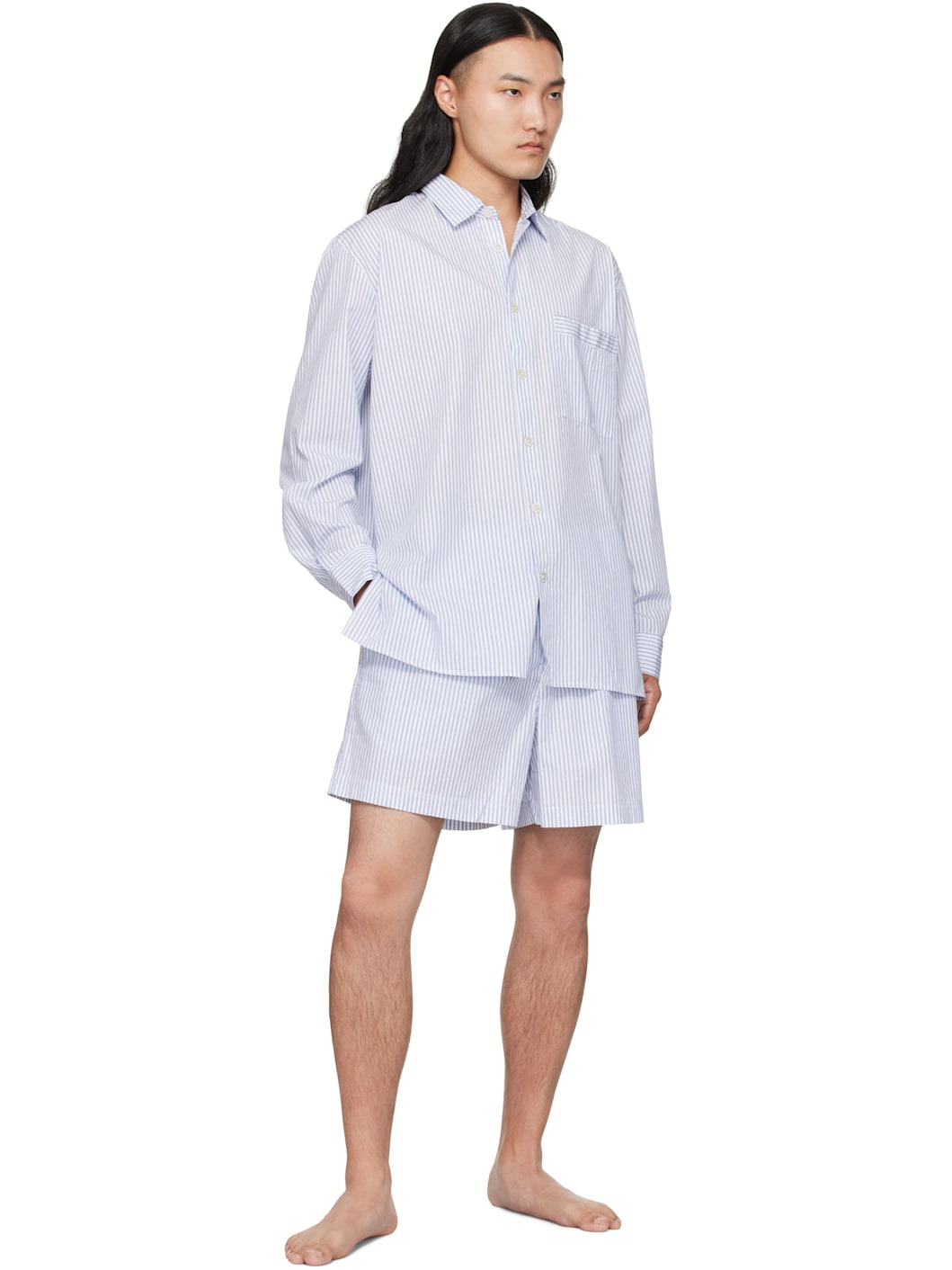 White & Blue Poplin Long-Sleeved Pyjama Shirt - 4
