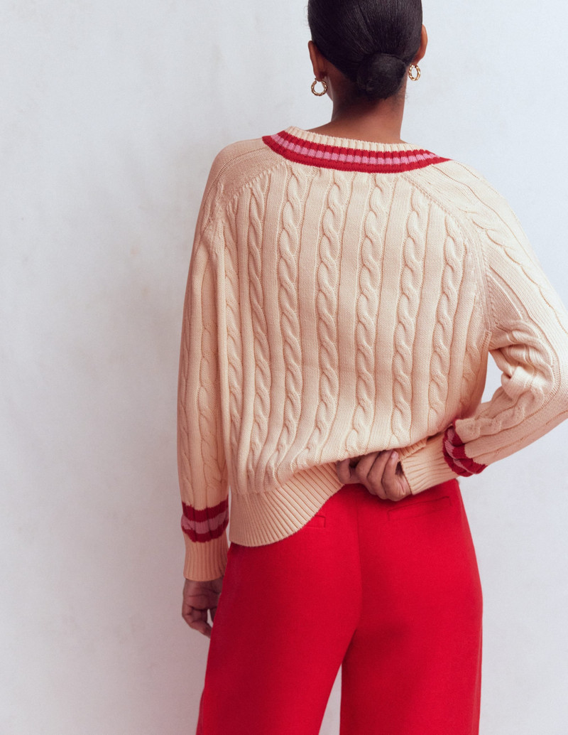 Maeve Textured Cotton Jumper-Ivory Cable, Red 6