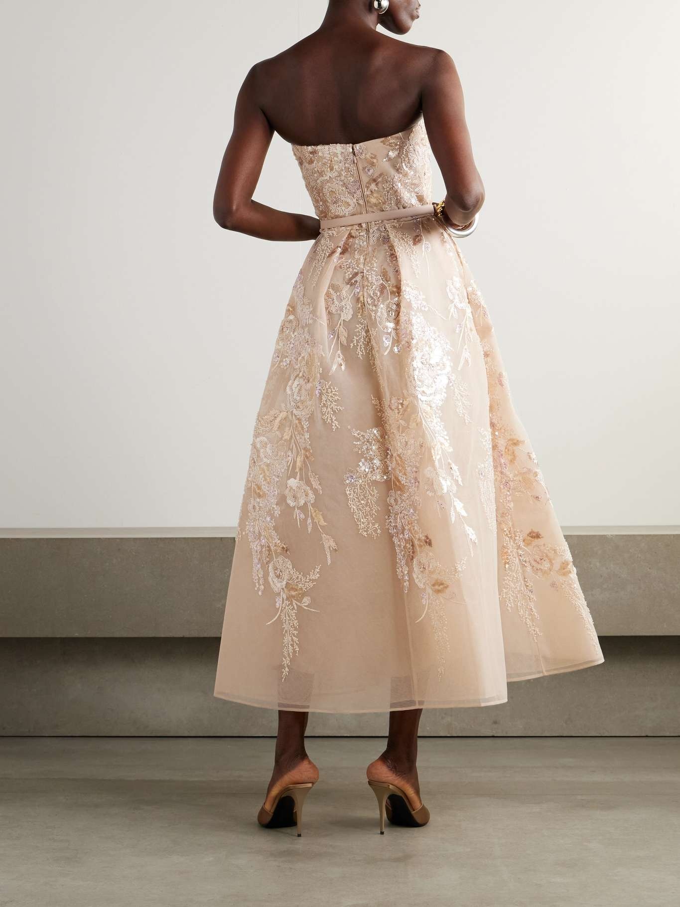 Belted strapless pleated embellished tulle midi dress Pink - 3