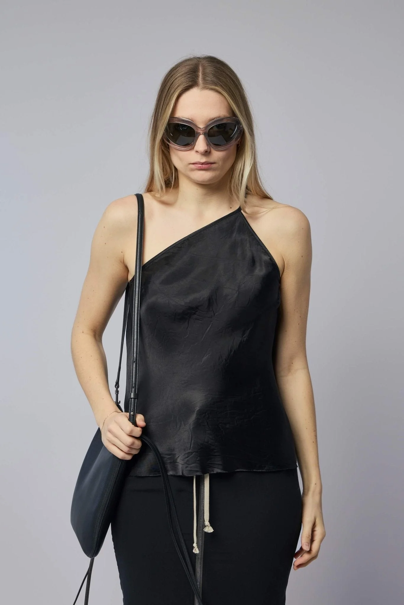Woven Top - One Shoulder Slip Top Black - 1