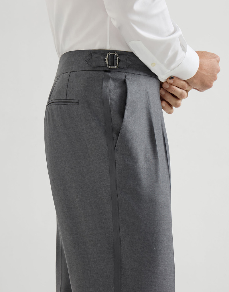 Virgin wool and silk lightweight twill tuxedo trousers with double pleats and waist tabs 4