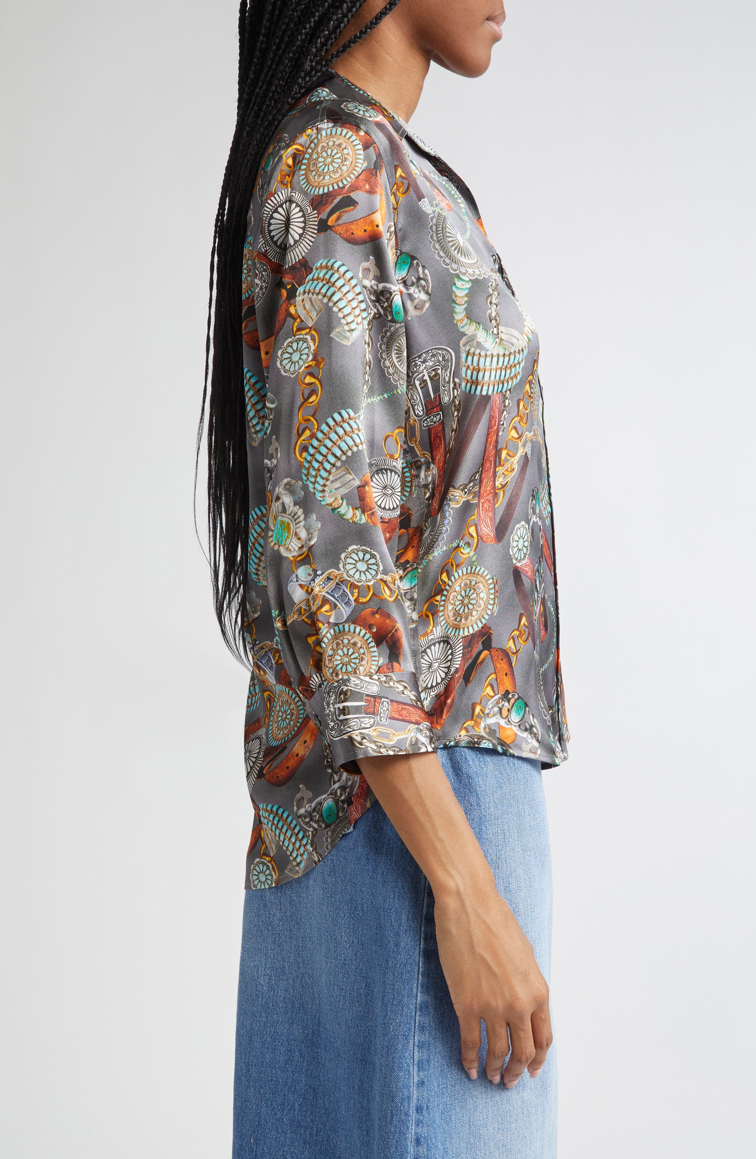 L'AGENCE Dani Three-Quarter Sleeve Silk Button-Up Shirt in Multi Western Belt Print at Nordstrom - 4