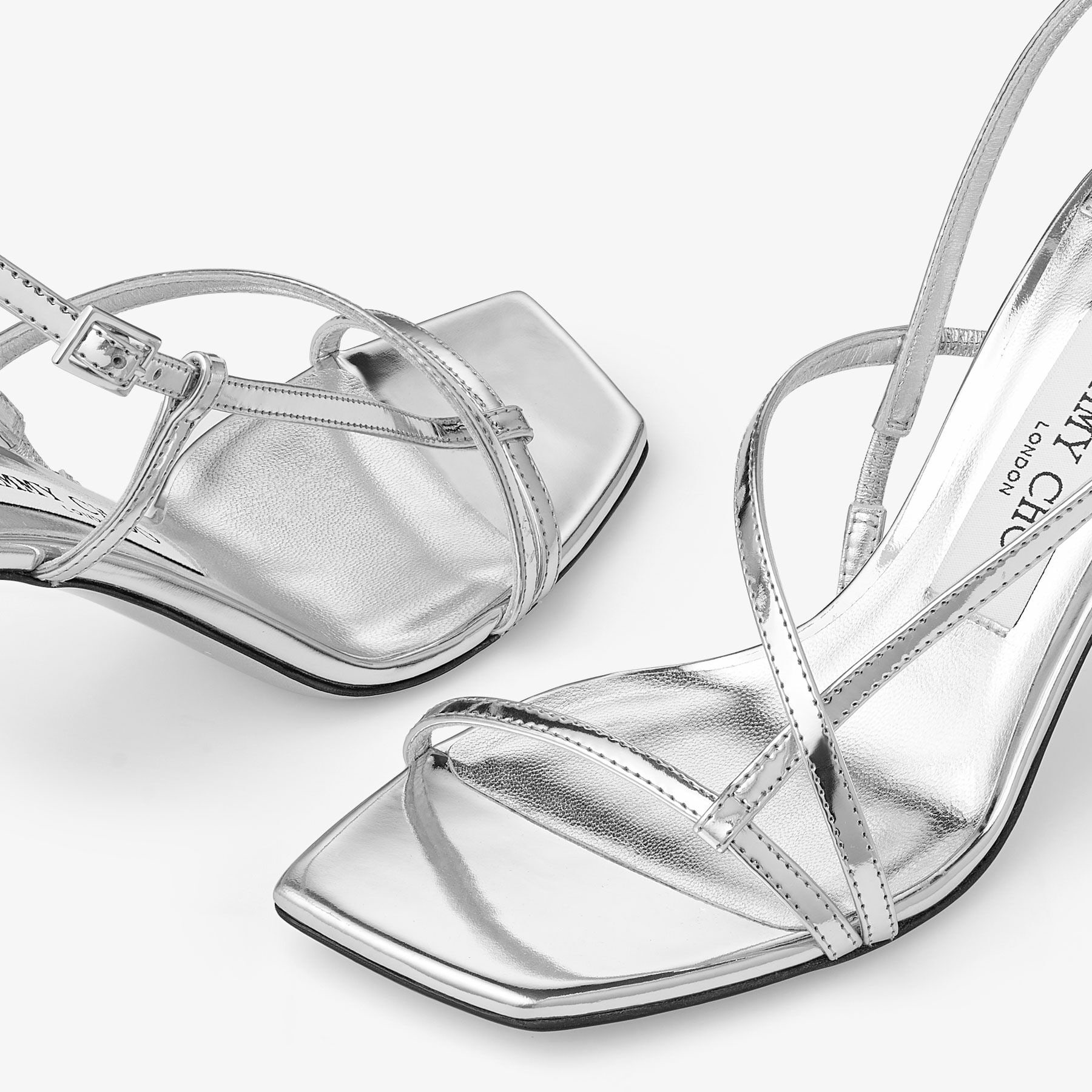 JIMMY CHOO Etana サンダル 80mm SS25【新作】 JIMMY CHOO Etana 80 Silver Metallic Leather Sandals | REVERSIBLE