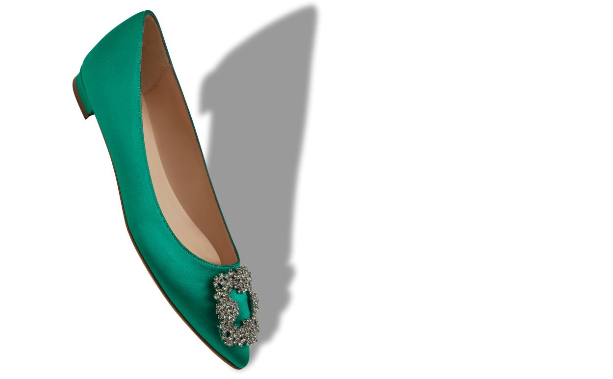 Green Satin Jewel Buckle Flat Shoes - 2