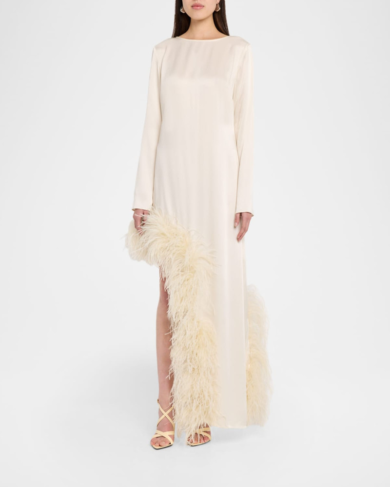 LAPOINTE Feather-Trim Asymmetric Long-Sleeve Satin Dress outlook