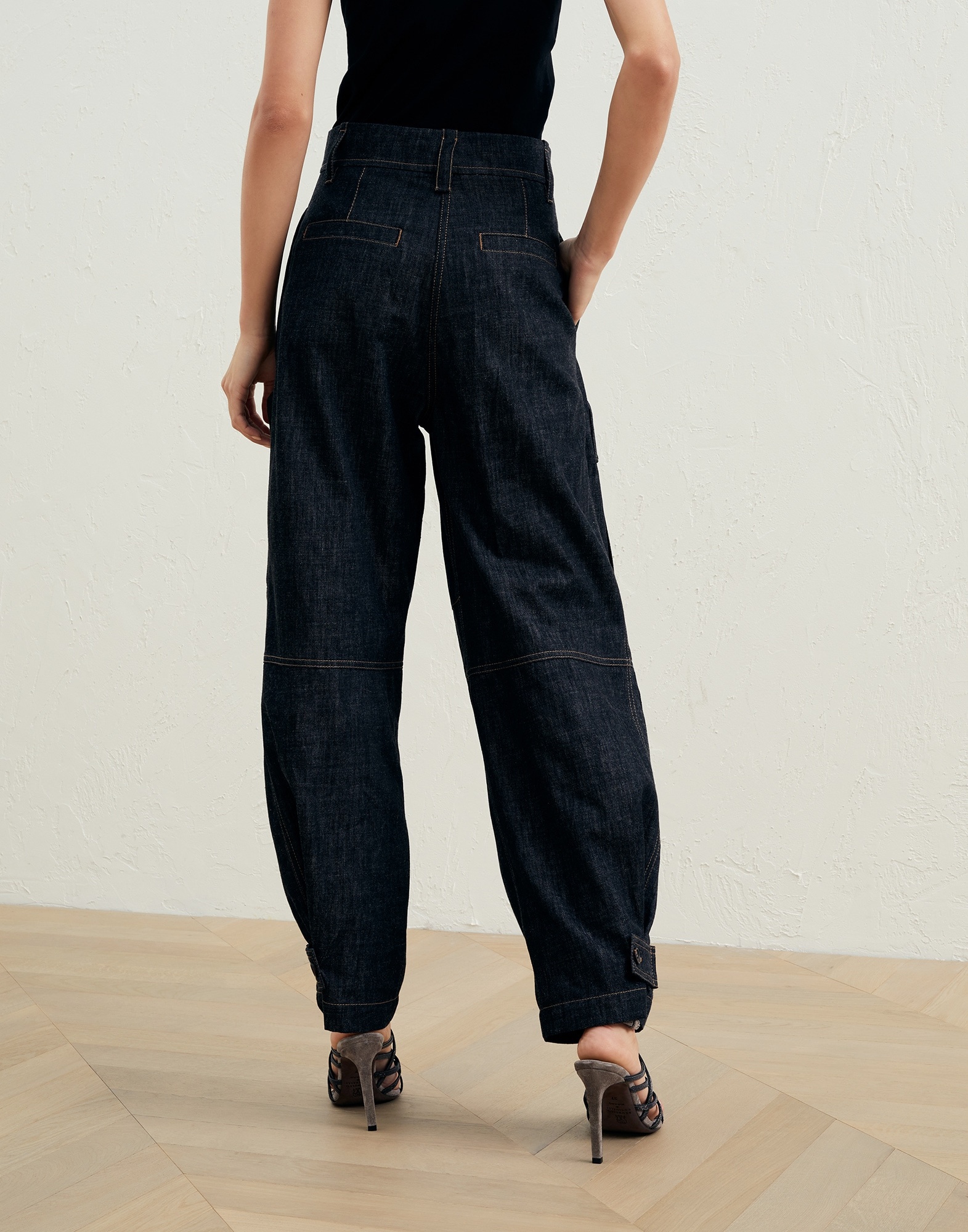 Dark polished denim multipocket trousers with monili - 2