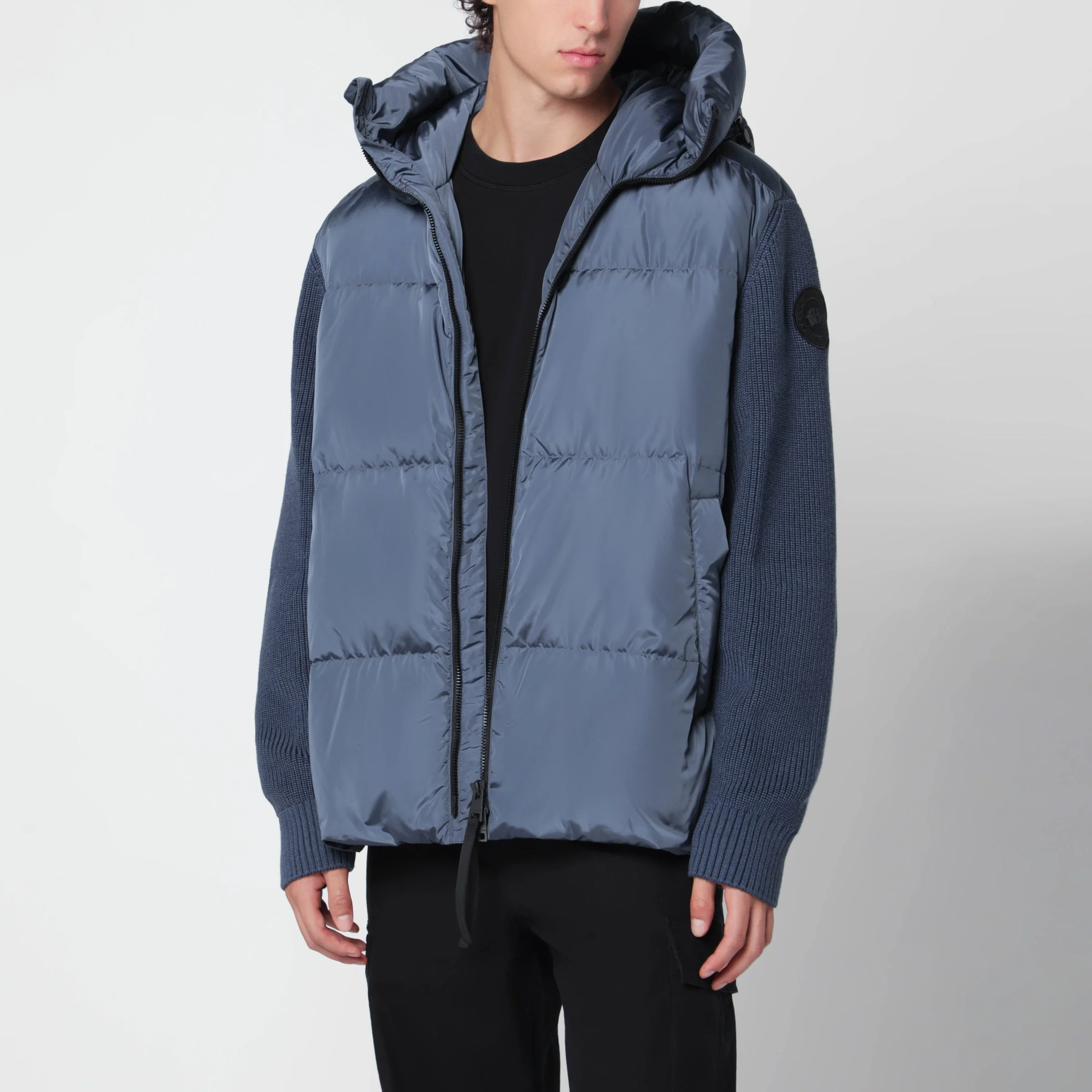 Grey-blue down jacket with wool sleeves - 1