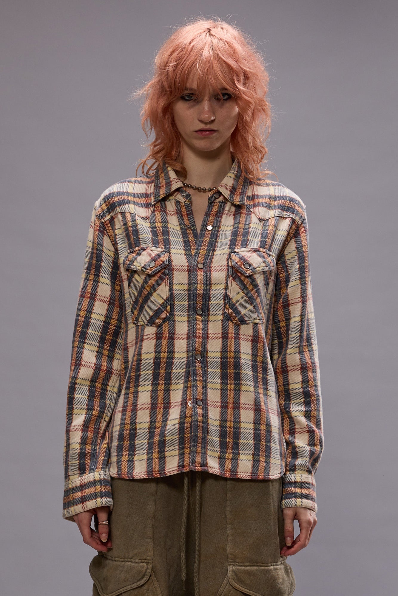 SLIM COWBOY SHIRT - CREAM/GREY/ORANGE PLAID - 2