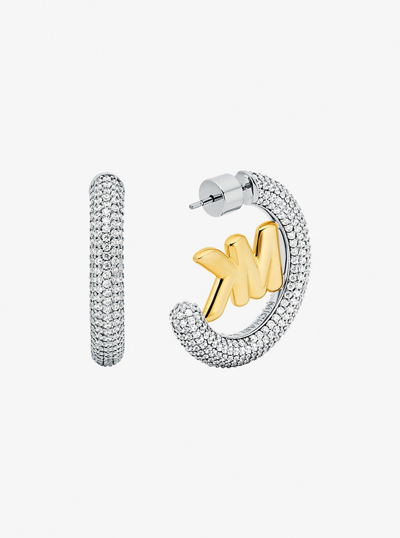 MICHAEL KORS Large Pavé Logo Charm Two-Tone Hoop Earrings outlook