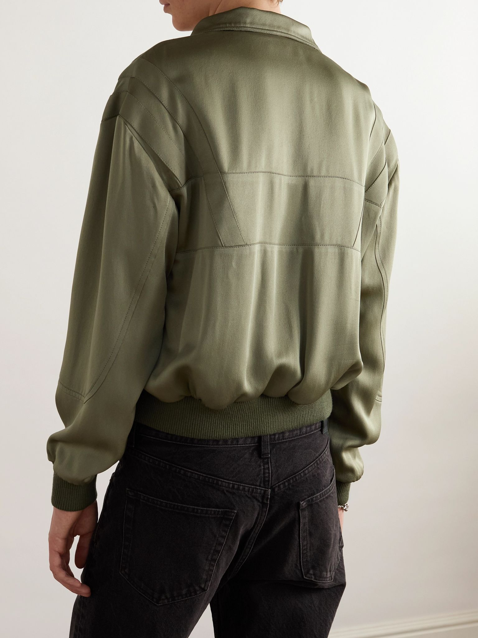 Logo-Embroidered Wool-Trimmed Satin Bomber Jacket Green - 4